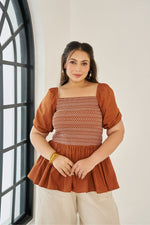 Load image into Gallery viewer, brown poplin peplum top with unique smocking. for plus size women, plus size tops .