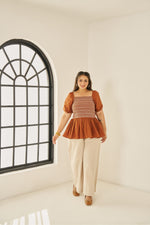 Load image into Gallery viewer, brown poplin peplum top with unique smocking. for plus size women, plus size tops .