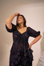 Load image into Gallery viewer, jetta top, party top, plus size top, black top, smocked top, lurex