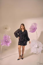 Load image into Gallery viewer, wrap dress,party dress,black,lurex,full sleeves,plus size wear