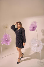 Load image into Gallery viewer, wrap dress,party dress,black,lurex,full sleeves,plus size wear