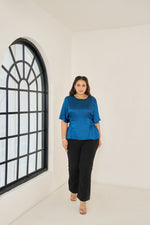 Load image into Gallery viewer, party wear blue satin top elasticated detail on waist for plus size girls 

