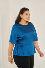 Load image into Gallery viewer, party wear blue satin top elasticated detail on waist for plus size girls 
