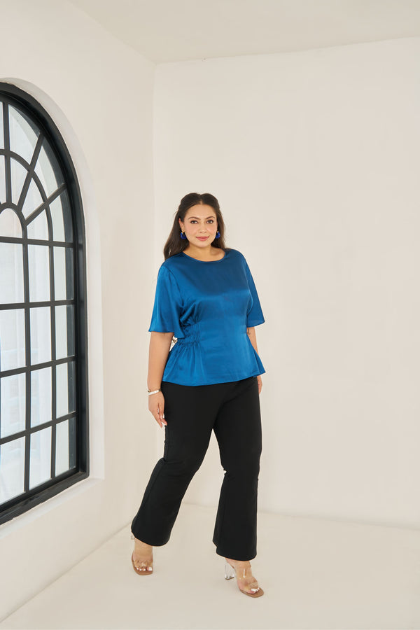 party wear blue satin top elasticated detail on waist for plus size girls 