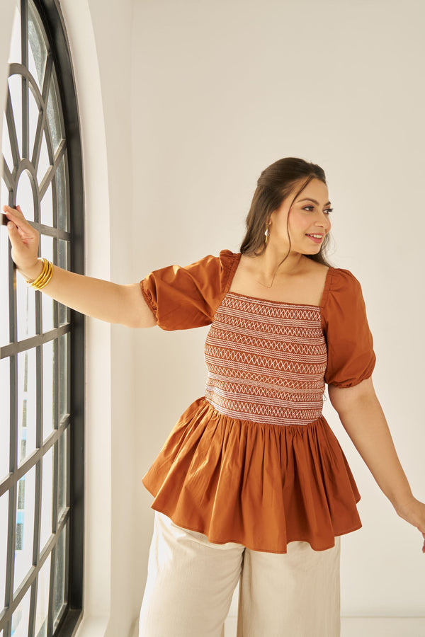 brown poplin peplum top with unique smocking. for plus size women, plus size tops .