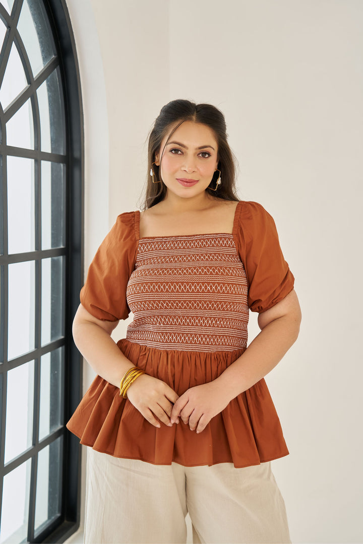 brown poplin peplum top with unique smocking. for plus size women, plus size tops .