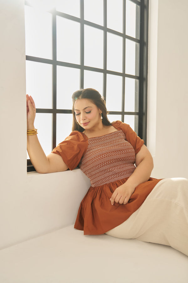 brown poplin peplum top with unique smocking. for plus size women, plus size tops .