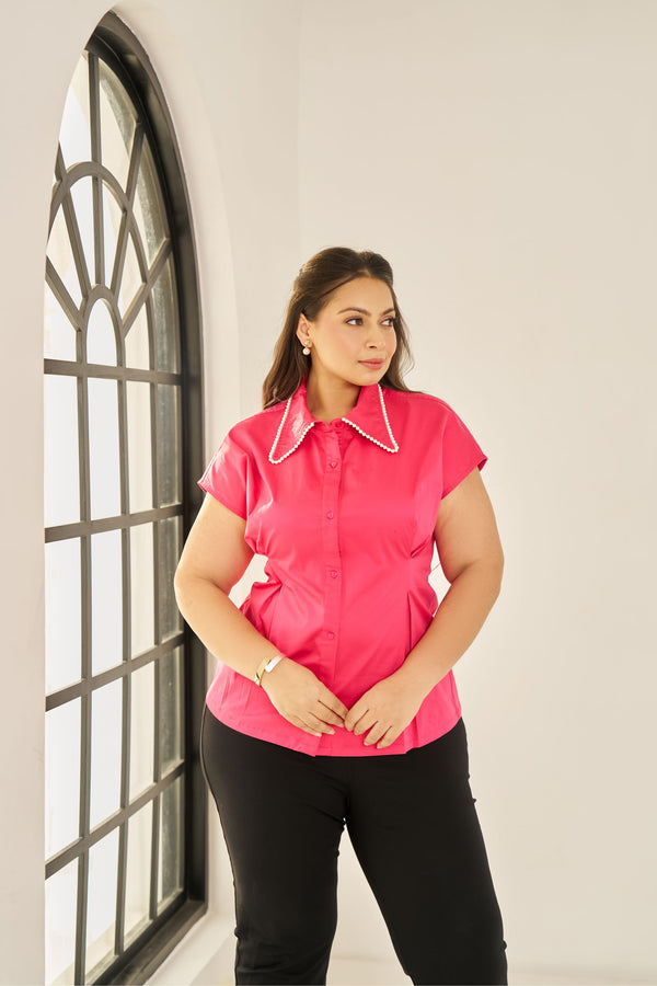 FUCHSIA satin box pleat top for all plus size women